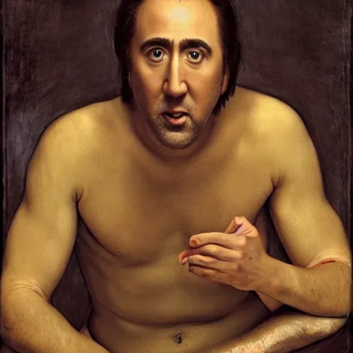 Image similar to highly detailed portrait of nicolas cage without a shirt laying down inside of a banana, 4 k, in the style of caravaggio, monet, botticelli and dali