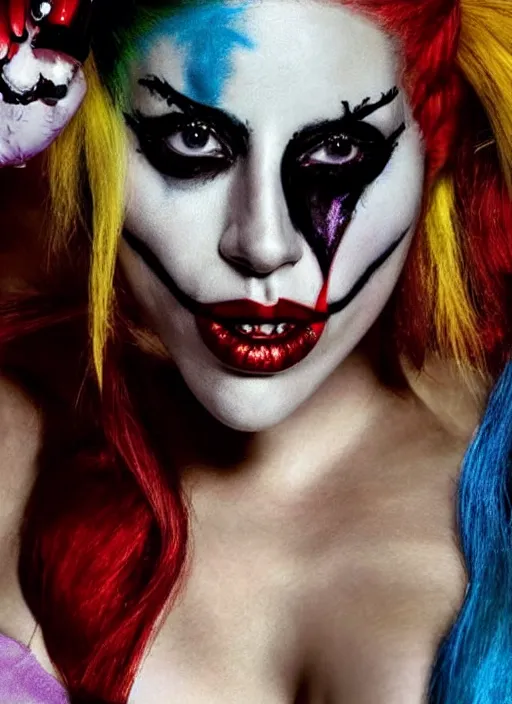 Image similar to portrait of Lady Gaga portraying Harley Quinn while dancing in the movie Joker 2023, dramatic cinematic lighting, extremely detailed facial features, award winning photograph by Annie Leibovitz, 8k