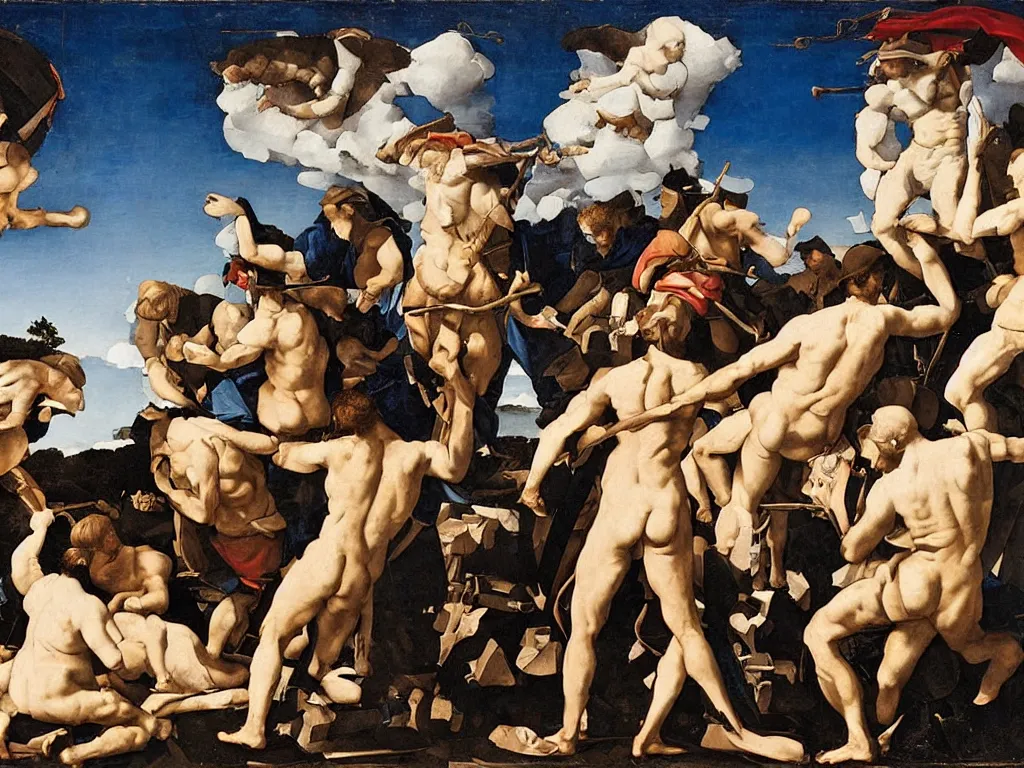 Image similar to Group of people sculpting the white statue of a god with one blue eye. Painting by Lorenzo Lotto