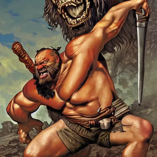 Image similar to grinning hybrid [ bulldog and man ] barbarian, fantasy warrior, drooling, ultra detailed, 4 k, style of norman rockwell, style of richard corben.