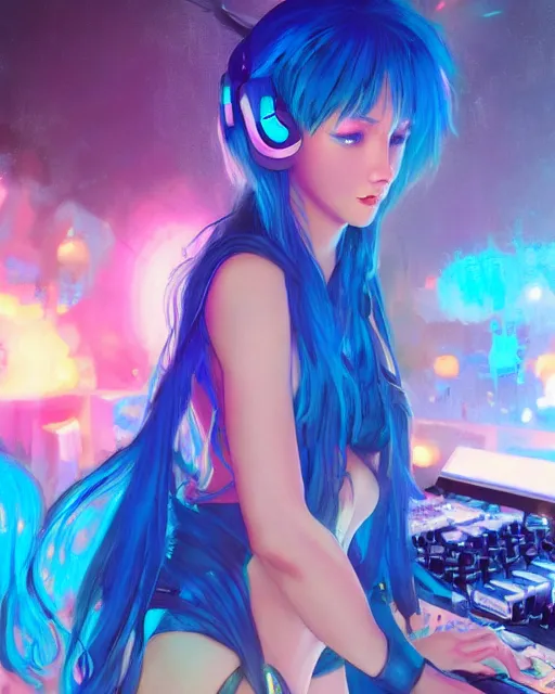 Image similar to pretty girl djing at a rave, blue hair, rem rezero, sharp focus, digital painting, 8 k, concept art, art by wlop, artgerm, greg rutkowski and alphonse mucha