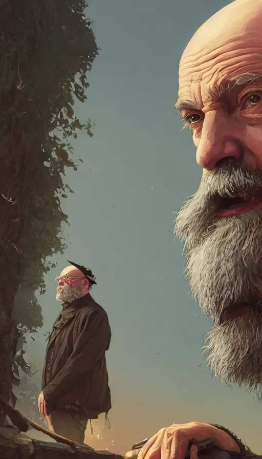 Image similar to highly detailed portrait old man with ling beard and bald head schopenhauer in gta v, stephen bliss, unreal engine, fantasy art by greg rutkowski, loish, rhads, ferdinand knab, makoto shinkai and lois van baarle, ilya kuvshinov, rossdraws, tom bagshaw, global illumination, radiant light, detailed and intricate environment