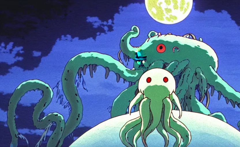 Image similar to a still from a studio ghibli movie of a cartoon cthulhu from princess mononoke ( 1 9 9 7 ) firing laser beams from its eyes in front of a pale full moon, full body, wide shot, very dull muted colors, studio ghibli, highly detailed, deviantart, art by artgem