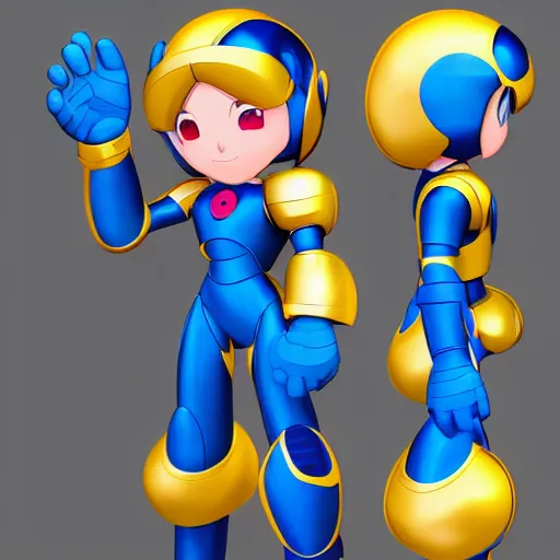 Prompt: mega man's kid sister. highly detailed 3 d render, anime, no helmet, long blue hair on her head, gold armor by john romita jr and david finch