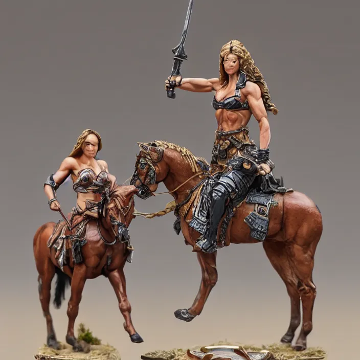 Image similar to 80mm resin detailed miniature of a Muscular Woman warrior standing next to a Horse, Product Introduction Photos, 4K, Full body, simple background
