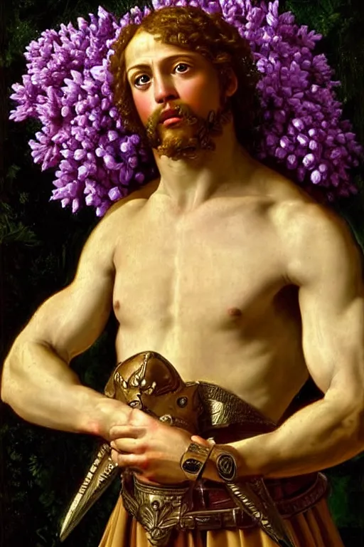 Image similar to renaissance painting of spartan, portrait, face closeup, emotions closeup, dressed in spartan armour, the beautiful garden with liliac bush everywhere, ultra detailed, art by guido reni style, vincenzo catena style