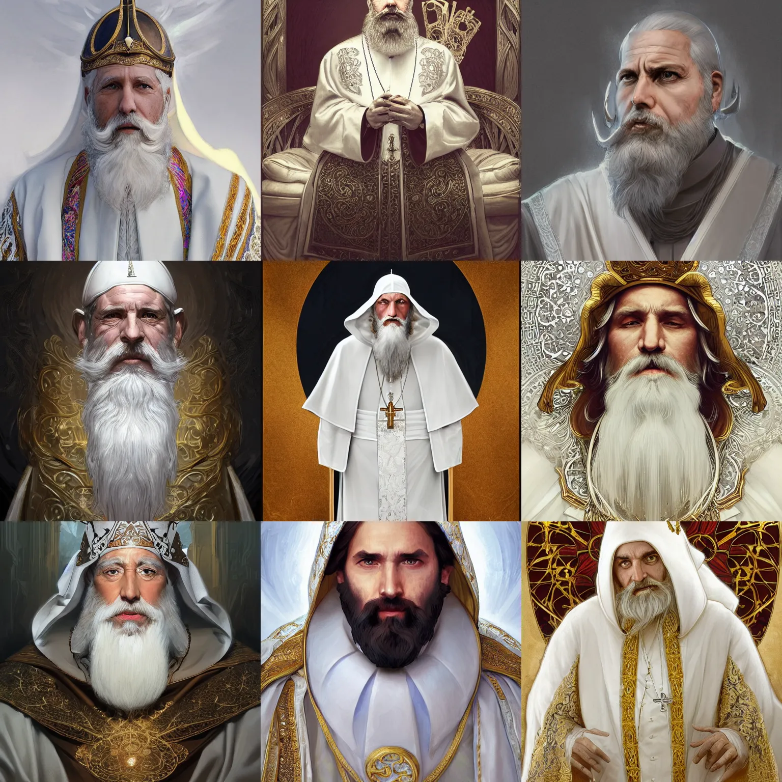 Prompt: portrait of a bearded pope, high priest, white and gold robes, white beard, D&D, fantasy, intricate, elegant, highly detailed, digital painting, artstation, concept art, smooth, sharp focus, illustration, art by artgerm and greg rutkowski and alphonse mucha