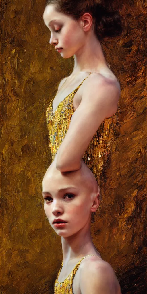 Image similar to an intricate portrait painting of an artistic pose young beautiful ballerina, klimt golden motives and textures, hyper - detailed, octane render, vivid colors, artstation, by jeremy mann, by gustav klimt