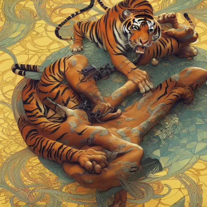 Image similar to excellent painted isometric view of tiger, high quality masterpiece painted, patterned background, zoomed out, 4k, trending on artstation, octane render, art by James Jean and artgerm and greg rutkowski and alphonse mucha and craig mullins and James Jean and Andrei Riabovitchev and Marc Simonetti and peter mohrbacher