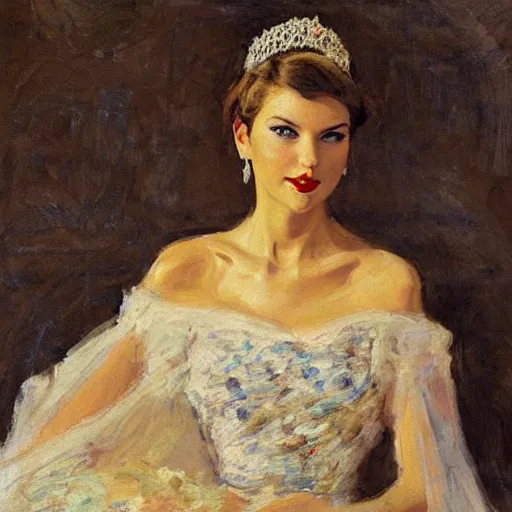Image similar to Taylor Swift holding her chest, 1950s, modest, elegant clothing, tiara, mild impressionism, award winning, by Ilya Repin