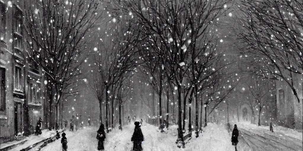 Prompt: an alley in paris in winter, snowing, christmas night, 1 9 1 0