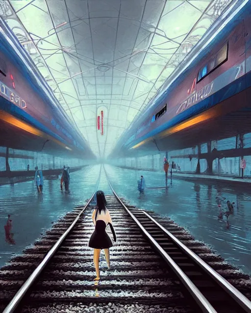 Image similar to photo of girl walking on train tracks submerged under reflective water toward a station in the distance, wide horizon, large white clouds, intricate, elegant, highly detailed, digital painting, artstation, concept art, smooth, sharp focus, illustration, art by artgerm and greg rutkowski and fra angelico