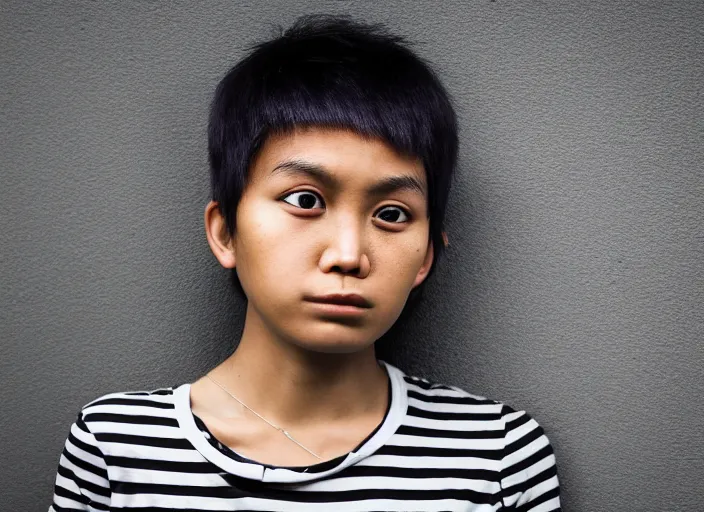 Image similar to closeup portrait of a young expressive malaysian tomboy woman, pouting, futuristic hairstyle, tank top with black and white stripes, long sleeves, portra 4 0 0 candid photograph portrait by annie leibovitz, 3 5 mm macro shot, f / 3 2, hyperrealistic, cinematic lighting, hd wallpaper, 8 k, 4 k