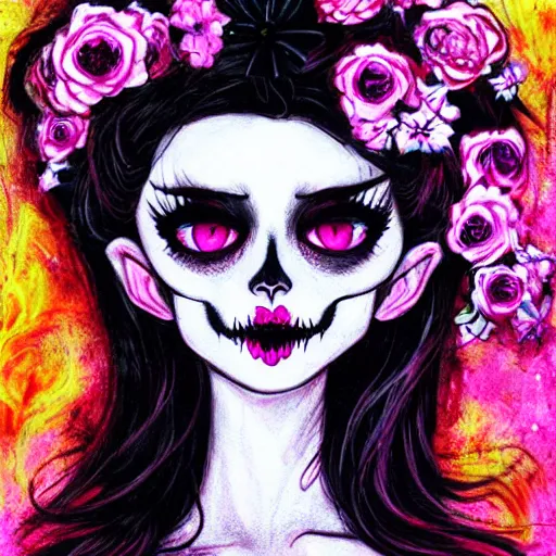 Prompt: tinker bell, horror, skull, flowers, scary, drawn by Harumi Hironaka