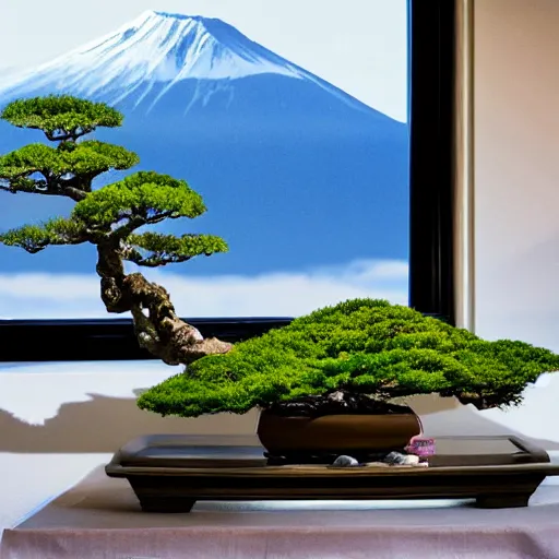 Image similar to bonsai on a elegant ebene table in room with window viewing japanese montains from hill, anatomic description, gems, gold, 8 k, details, studio lighting, realism, complex lights