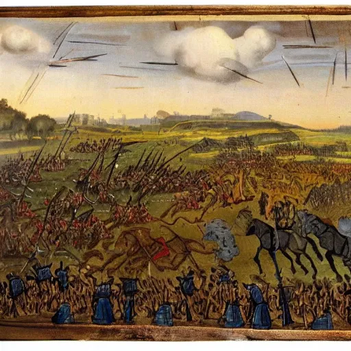 Image similar to distant evening medieval war landscape, two armies clashing on an open field, atmospheric, dnd