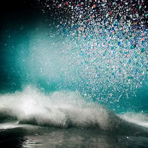 Image similar to glitter and painting mixing underwater turbulence, macro-photography, slow-motion capture