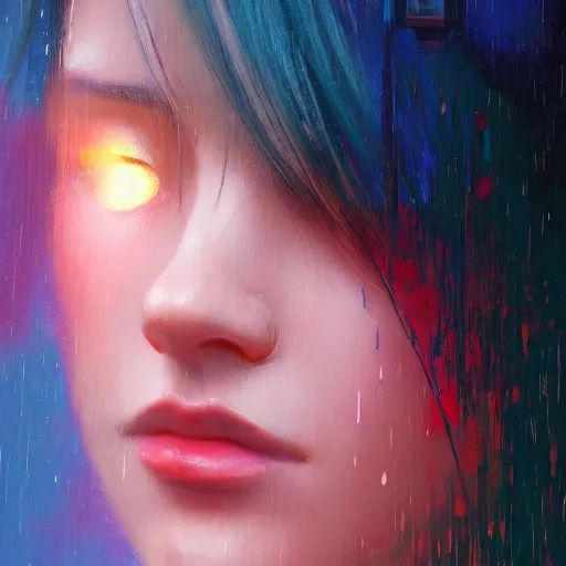 Prompt: woman in the rain looking down with cute - fine - face, pretty face, oil slick hair, perfect face, extremely fine details, volumetric lighting poster by ilya kuvshinov katsuhiro otomo, magali villeneuve, artgerm, jeremy lipkin and michael garmash and rob rey, and silvain sarrailh, and jinsung lim