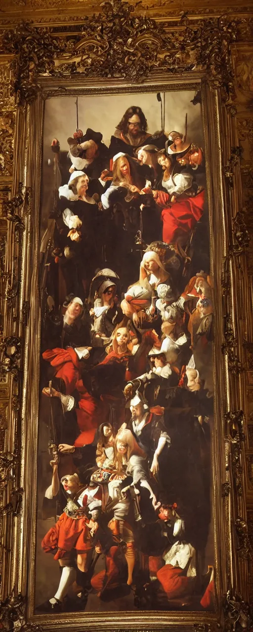 Image similar to oil paint border less of family portrait in the main room of the castle, dark room, one point of light trough a big window. baroque style 1 6 5 0, high details on clothes, realistic faces and expressions, space between subjects inspired by diego velasquez