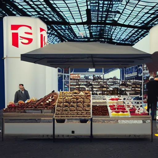 Image similar to a scene of a market stall at a trade show from the film a minority report taken from a distance, cinematic, dslr, unreal engine, hyper realistic