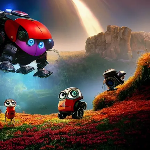 Prompt: promotional movie still, ladybugs, ladybug quadruped with big rgb eyes, ladybug hobbits, ladybug robots, space western, dramatic lighting, the fellowship of the ring ( film ), ( ( wall - e ( film ) ) )