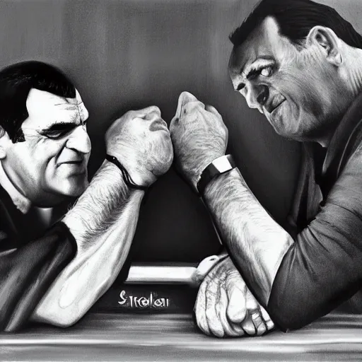 Image similar to Bertie Ahern arm wrestling Steven segal photorealistic in the style of a ansel adams