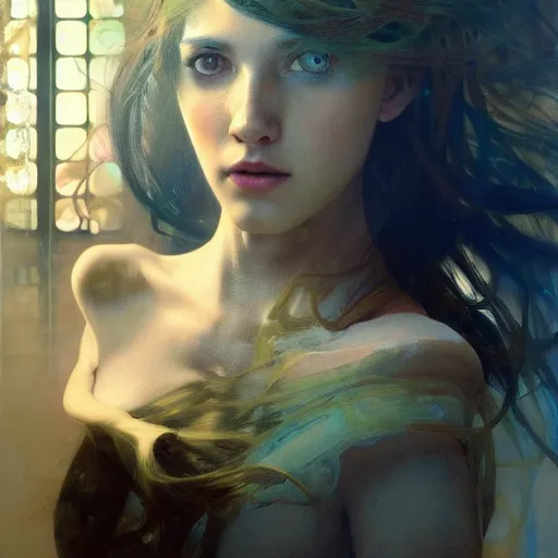 Prompt: hyperrealist portrait of a pretty young female android with large eyes and long hair standing in front of a computer simulation by jeremy mann and alphonse mucha, fantasy art, photo realistic, dynamic lighting, artstation, poster, volumetric lighting, very detailed faces, award winning