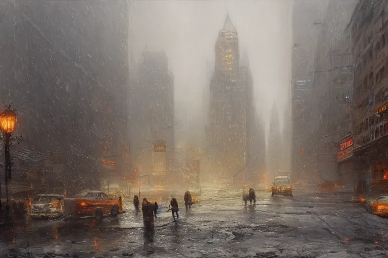 Prompt: New York city enveloped in ice, winter season, moody scene, highly detailed, intricate, sharp details, dystopian mood, 1950 scene by gaston bussiere, craig mullins, somber lighting, drawn by Giacomo Burattini, inspired by graphic novel cover art, hyperrealistic, 8k by RHADS