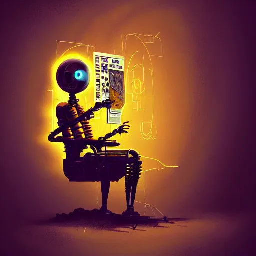 Image similar to dark scifi illustration 3 / 4 portrait of a robot reading necronomicon. cinematic lighting mad scientist style. golden ratio accidental renaissance. in the style of jean michel basquiat. graffiti art, scifi, fantasy, hyper detailed. octane render. concept art. trending on artstation