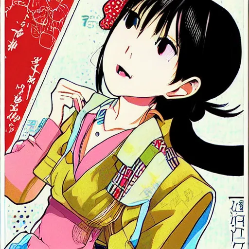 Image similar to Cute girl, by Adachi Mitsuru, touch style, H2 style, colored Japanese comic poster, rich details