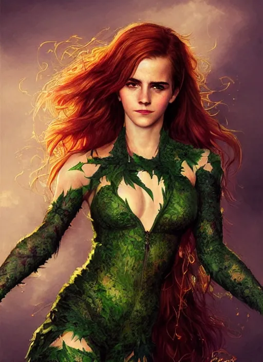 Prompt: A beautiful portrait of Emma Watson as Poison Ivy from Batman movie, digital art by Eugene de Blaas and Ross Tran, vibrant color scheme, highly detailed, in the style of romanticism, cinematic, artstation, Greg rutkowski