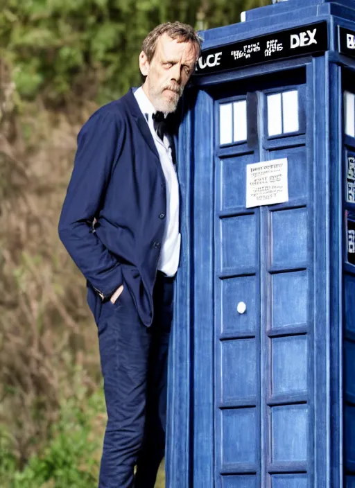 Prompt: dslr photo portrait still of hugh laurie as doctor who in front of the tardis, 8 k, 8 5 mm f 1. 4