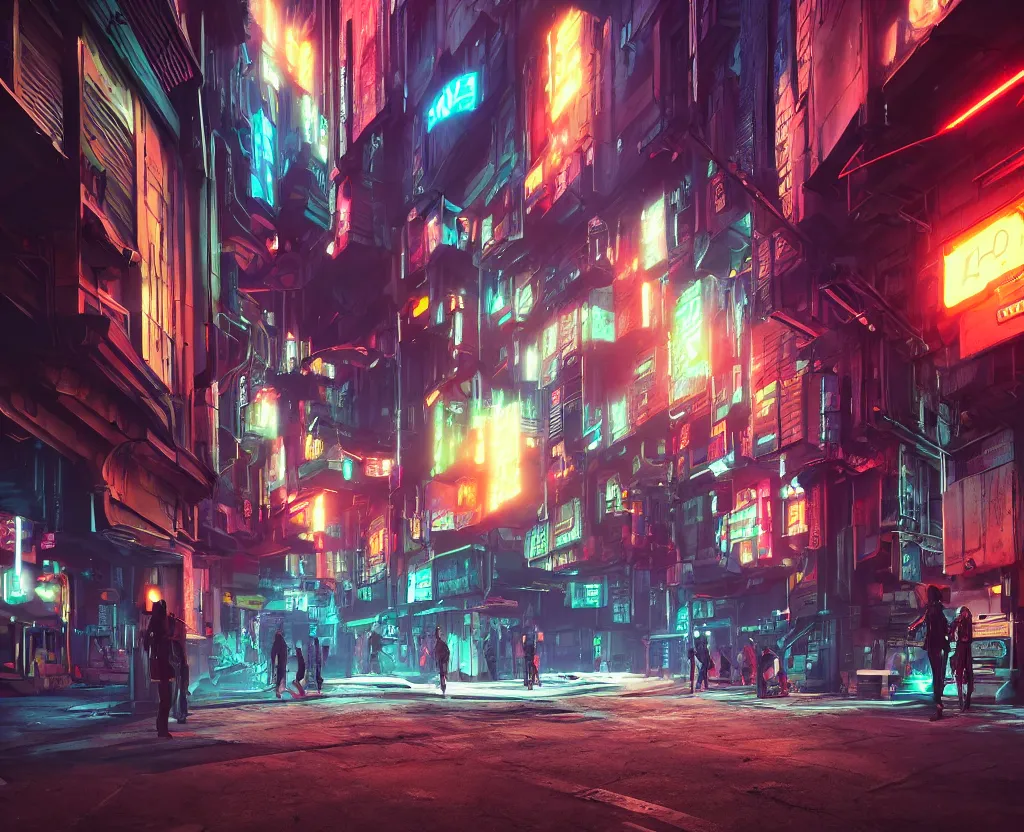 Prompt: three point perspective close wide angle shot of a matte painting environment design of cyberpunk alley with neon lights, people on the streets being monitored by flying drones, artstation, ultra realistic, volumetric lighting, 4k, octane render