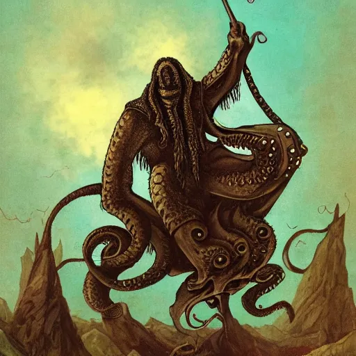 Image similar to A man riding Cthulu