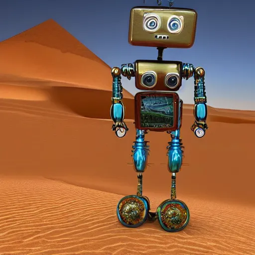 Prompt: robot marduder lost in sahara, photo realistic, highly detailed