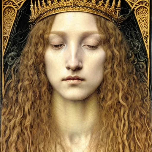 Prompt: detailed realistic beautiful young medieval queen face portrait by jean delville, gustave dore, iris van herpen and marco mazzoni, art nouveau, symbolist, visionary, gothic, pre - raphaelite