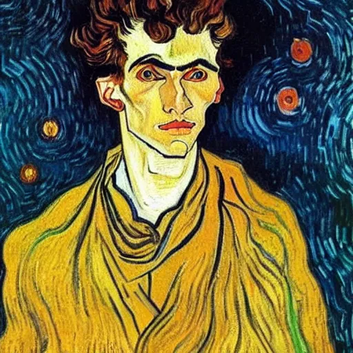 Image similar to painting of handsome beautiful dark medium wavy hair man in his 2 0 s, dressed as an oracle, foreseeing the future, elegant, clear, painting, highly stylized, art by vincent van gogh, egon schiele