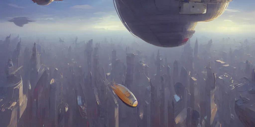 Image similar to gigantic airship floating over a modern city in summer, science - fiction, goro fujita, artstation