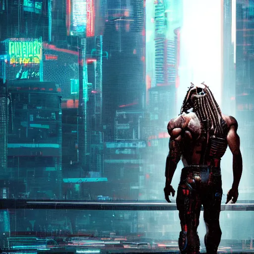 Prompt: high quality photo of The Predator in a cyberpunk cyberpunk cyberpunk city, realism, 8k, award winning photo