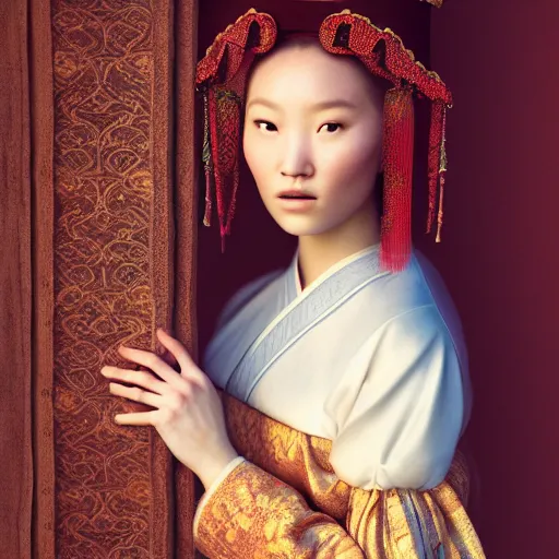 Image similar to photographic portrait of a stunningly beautiful renaissance mongol female in traditional dress in soft dreamy light at sunset, contemporary fashion shoot, by edward robert hughes, annie leibovitz and steve mccurry, david lazar, jimmy nelsson, breathtaking, 8 k resolution, extremely detailed, beautiful, establishing shot, artistic, hyperrealistic, beautiful face, octane render