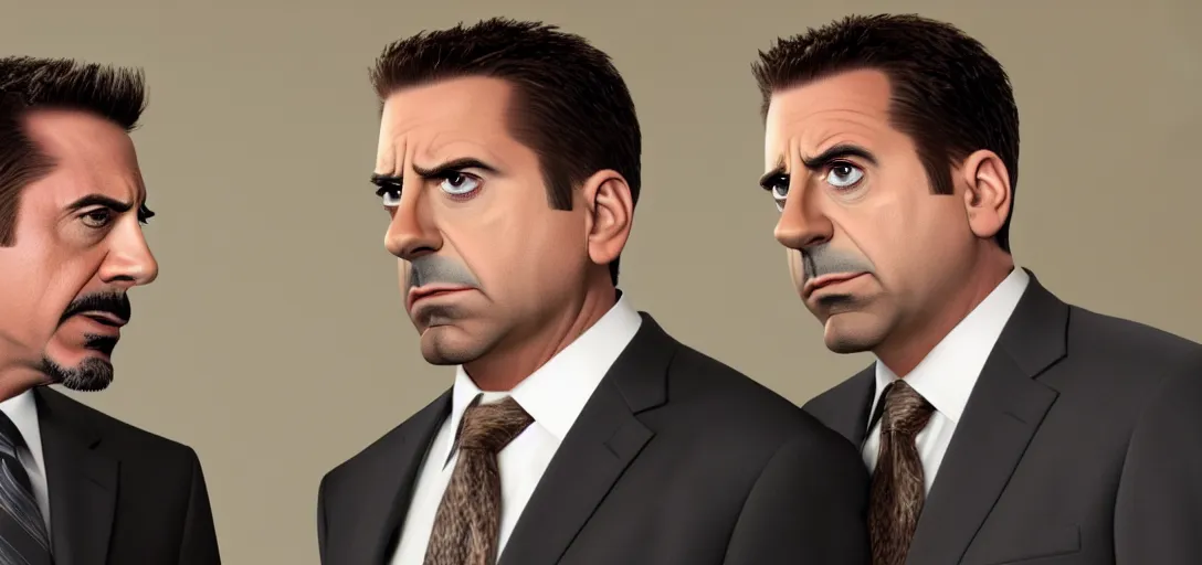 Image similar to a very high resolution image of tony stark with micheal scott. from an episode of the office. photorealistic, photography