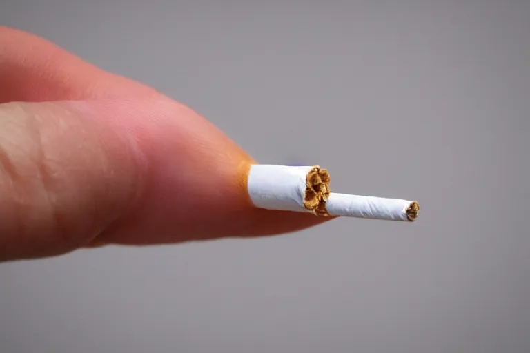 Image similar to Close-up of cigarette in five fingers, thin soft hand holding cigarette, hyper realistic, natural