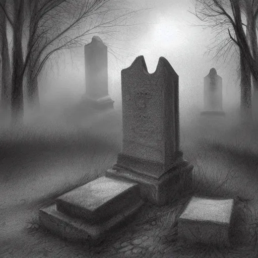 Prompt: an eerie graveyard with ancient tombstones, misty, strands of fog, creepy, night lighting, finely detailed black and white pencil drawing