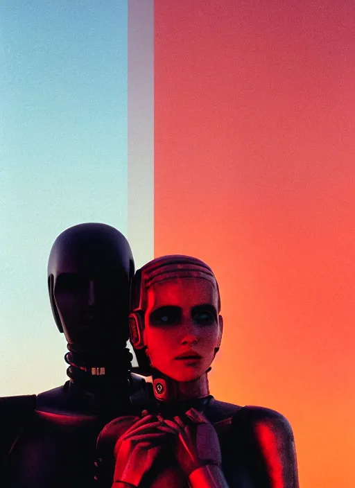 Image similar to cinestill 5 0 d photographic portrait of two loving female androids wearing rugged black cutout waist techwear on a desolate plain with a red sky, extreme closeup, modern cyberpunk, dust storm, 8 k, hd, high resolution, 3 5 mm, f / 3 2, ultra realistic faces, ex machina, blade runner