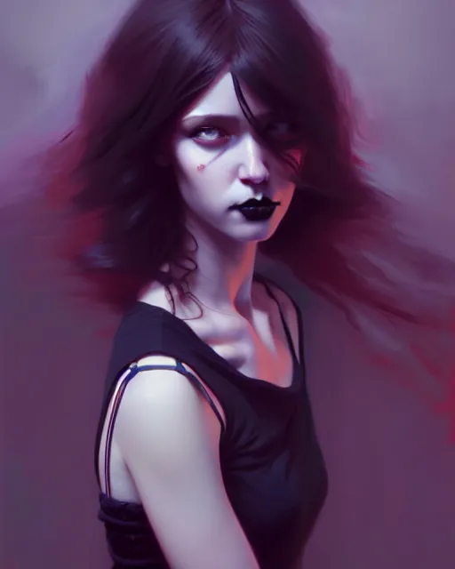 Image similar to hyper - realistic portrait of a gothic girl, dynamic wavy hair, dynamic body anatomy, detailed designs, digital painting, 4 k, by ilya kuvshinov, by greg rutkowski, atmospheric lighting