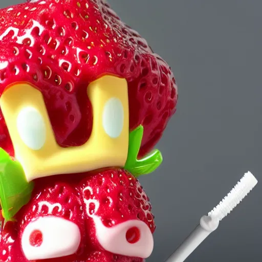 Prompt: a cute strawberry with two front teeth, holding a yellow toothbrush, in the style of shinji aramaki