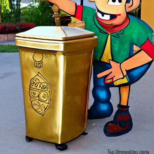 Image similar to oscar the grounch gets a gold plated garbage can, fresco painting