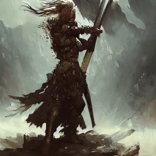 Prompt: A full portrait of a beautiful fur-armored berserker woman, dragging an oversize Gothic claymore into battle, by Frank Frazetta, Greg Rutkowski, Game of Thrones, epic fantasy art, Exquisite detail, post-processing, masterpiece, cinematic, embers