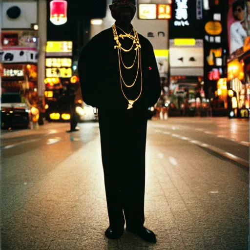 Image similar to old black man in tokyo at night, wearing gold chain, gold rings, cinestill 8 0 0,