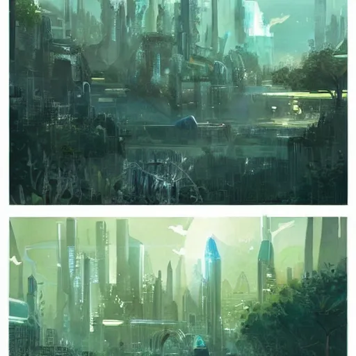 Prompt: Beautiful happy overgrown sci-fi city in harmony with nature. Nice colour scheme, soft warm colour. Beautiful detailed watercolor by Lurid. (2022)